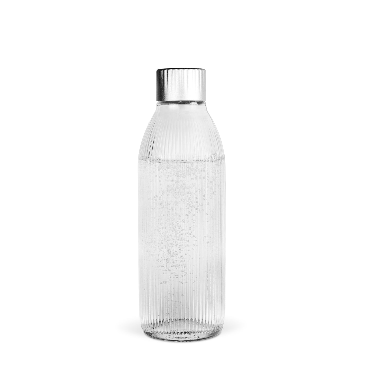 A Mysoda glass bottle with silver lid made of stainless steel - only compatible with Glassy soda maker