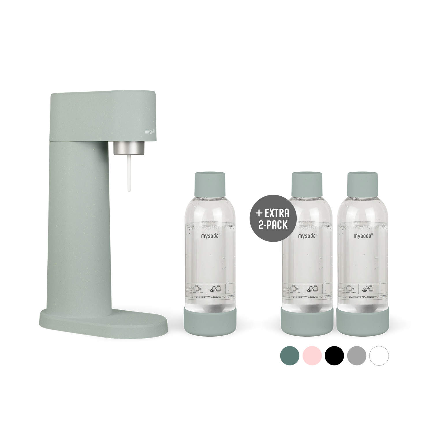 A bundle including a pigeon Woody sparkling water maker set without CO2 cylinder and an extra 2-pack of water bottles in pigeon