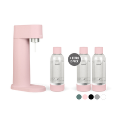 A bundle including a pink Woody sparkling water maker set without CO2 cylinder and an extra 2-pack of water bottles in pink