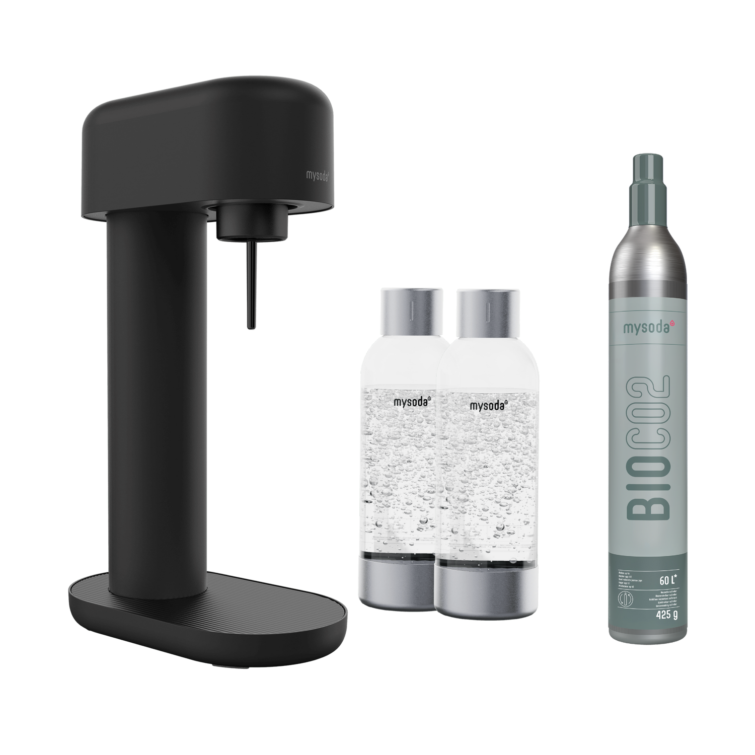 An all black Ruby 2 sparkling water maker, two water bottles and a bio-co2 cylinder