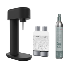 An all black Ruby 2 sparkling water maker, two water bottles and a bio-co2 cylinder