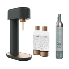 A black-copper ruby 2 sparkling water maker, 2 copper premium PET water bottles and a CO2 cylinder
