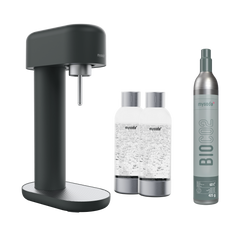 A black-silver ruby 2 sparkling water maker, 2 silver premium PET water bottles and a CO2 cylinder