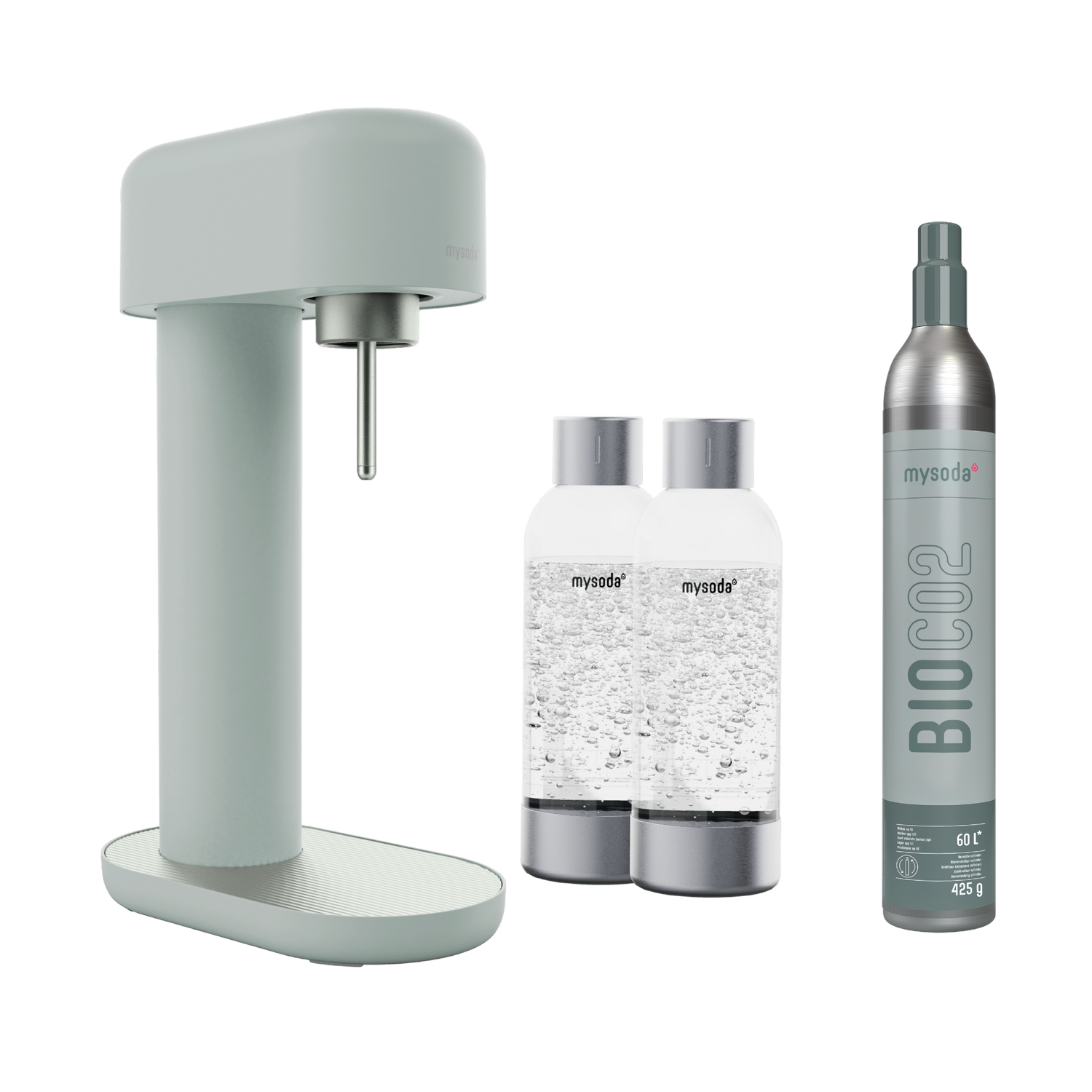 A pigeon ruby 2 sparkling water maker, 2 silver premium PET water bottles and a CO2 cylinder