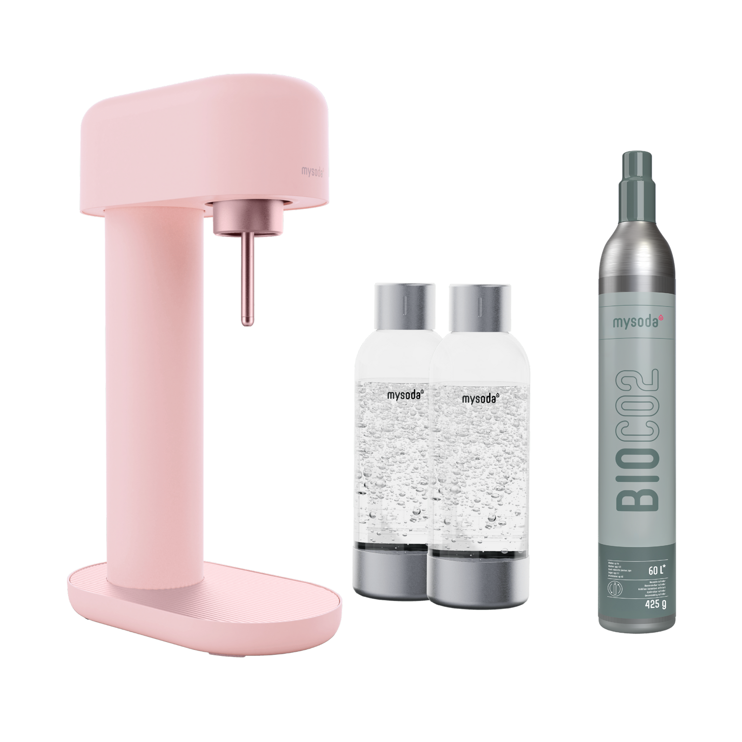 A pink ruby 2 sparkling water maker, 2 silver premium PET water bottles and a CO2 cylinder
