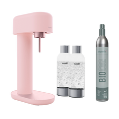 A pink ruby 2 sparkling water maker, 2 silver premium PET water bottles and a CO2 cylinder