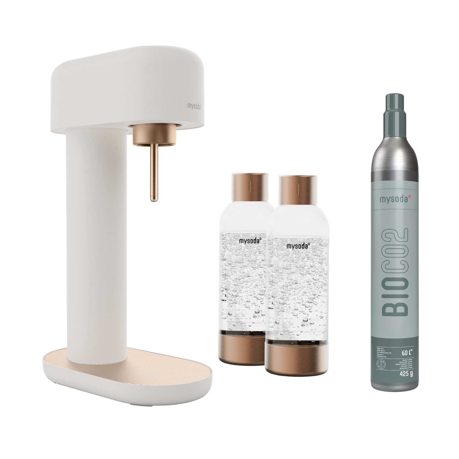 A black-copper ruby 2 sparkling water maker, 2 copper premium PET water bottles and a CO2 cylinder