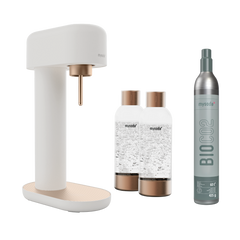 A black-copper ruby 2 sparkling water maker, 2 copper premium PET water bottles and a CO2 cylinder