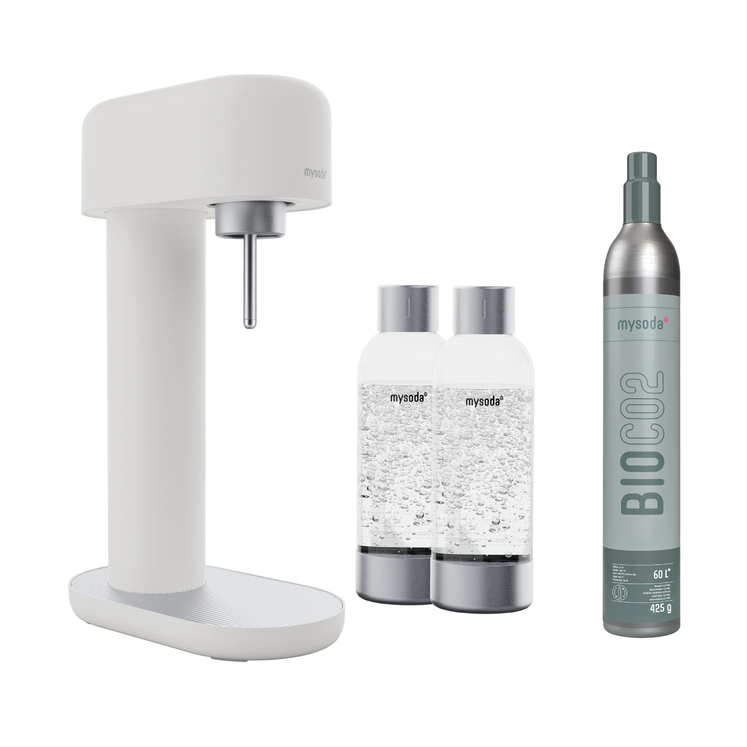 A white-silver ruby 2 sparkling water maker, 2 silver premium PET water bottles and a CO2 cylinder
