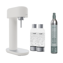 A white-silver ruby 2 sparkling water maker, 2 silver premium PET water bottles and a CO2 cylinder