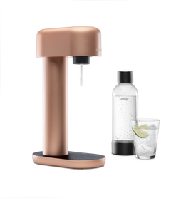 A copper Ruby sparkling water maker with bottle