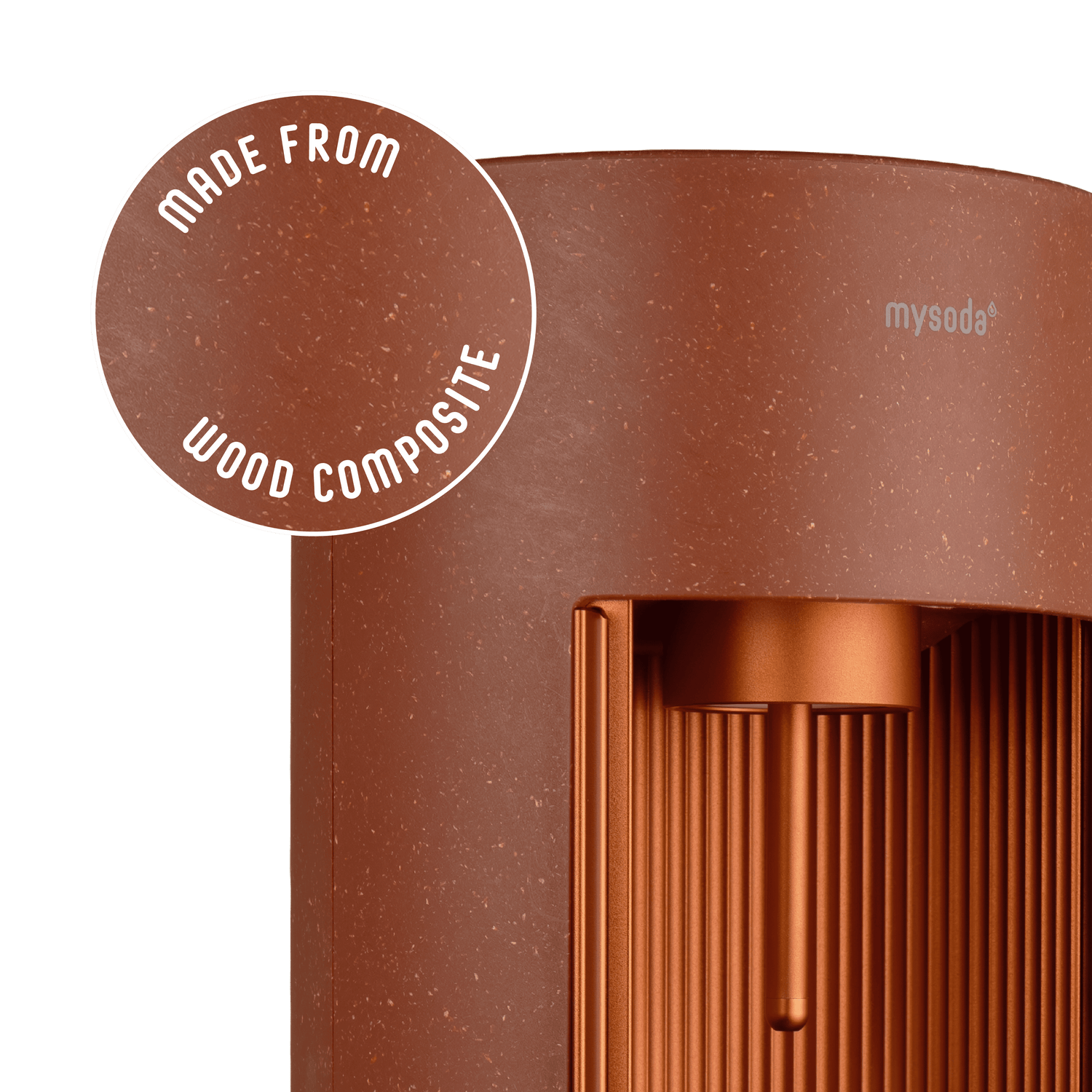 Glassy terracotta sparkling water maker with a close-up bubble showing the subtly visible wood fibres on the device's surface