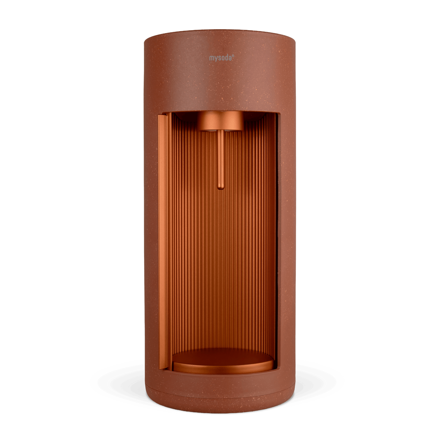 A Glassy sparkling water maker colour terracotta viewed from  the front