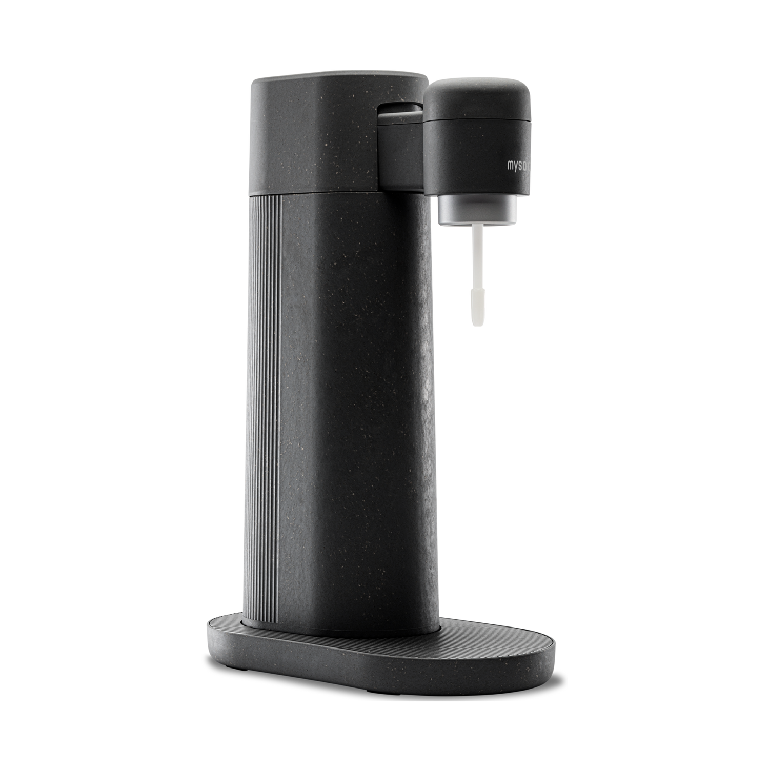 A black Toby sparkling water maker viewed from the side