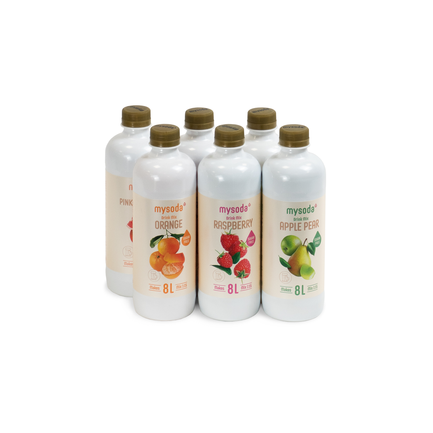 Six bottles of sugar-free Mysoda drink mix, mixed flavours