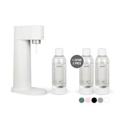 A bundle including a white Woody sparkling water maker set without CO2 cylinder and an extra 2-pack of water bottles in white