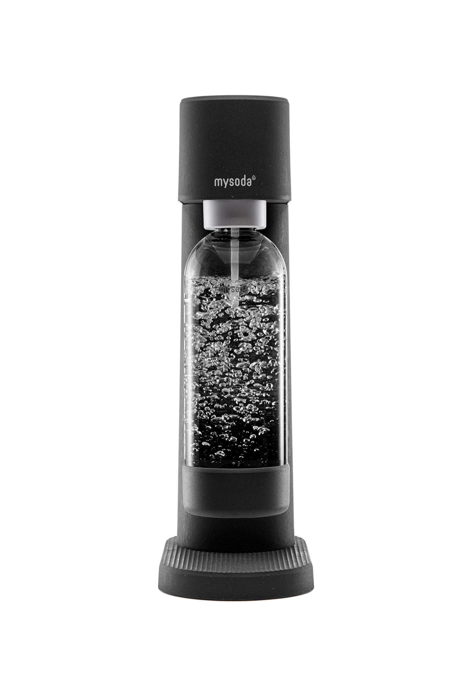 Black Mysoda Woody sparkling water maker viewed from the front