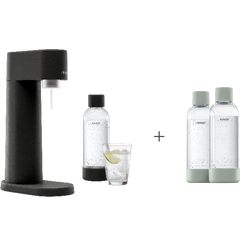 A bundle including a black Woody sparkling water maker set without CO2 cylinder and an extra 2-pack of water bottles in pigeon
