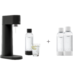 A bundle including a black Woody sparkling water maker set without CO2 cylinder and an extra 2-pack of water bottles in white