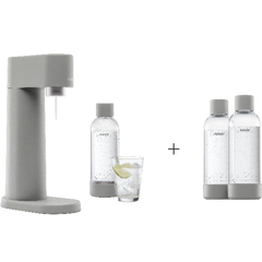 A bundle including a gray Woody sparkling water maker set without cylinder and an extra 2-pack of water bottles in gray