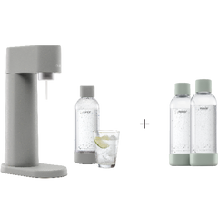 A bundle including a gray Woody sparkling water maker set without cylinder and an extra 2-pack of water bottles in pigeon