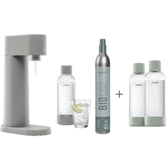 A bundle including a gray Woody sparkling water maker set, CO2 cylinder and an extra 2-pack of water bottles in pigeon