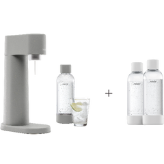 A bundle including a gray Woody sparkling water maker set without cylinder and an extra 2-pack of water bottles in white