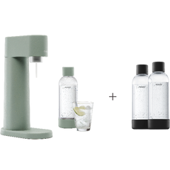 A bundle including a pigeon Woody sparkling water maker set without CO2 cylinder and an extra 2-pack of water bottles in black