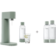 A bundle including a pigeon Woody sparkling water maker set without CO2 cylinder and an extra 2-pack of water bottles in pigeon