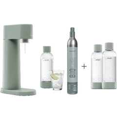 A bundle including a pigeon Woody sparkling water maker set, CO2 cylinder and an extra 2-pack of water bottles in pigeon