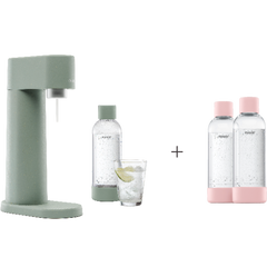 A bundle including a pigeon Woody sparkling water maker set without CO2 cylinder and an extra 2-pack of water bottles in pink