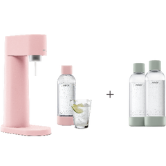 A bundle including a pink Woody sparkling water maker set without CO2 cylinder and an extra 2-pack of water bottles in pigeon