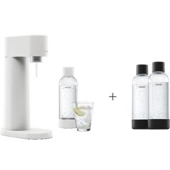 A bundle including a white Woody sparkling water maker set without cylinder and an extra 2-pack of water bottles in black