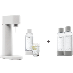 A bundle including a white Woody sparkling water maker set without cylinder and an extra 2-pack of water bottles in gray