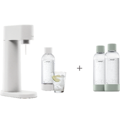 A bundle including a white Woody sparkling water maker set without cylinder and an extra 2-pack of water bottles in pigeon
