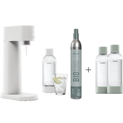 A bundle including a white Woody sparkling water maker set, CO2 cylinder and an extra 2-pack of water bottles in pigeon