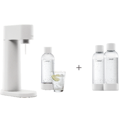 A bundle including a white Woody sparkling water maker set without cylinder and an extra 2-pack of water bottles in white