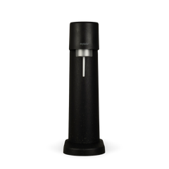 A black Woody sparkling water maker viewed from the front