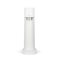 A white Woody sparkling water maker viewed from the front