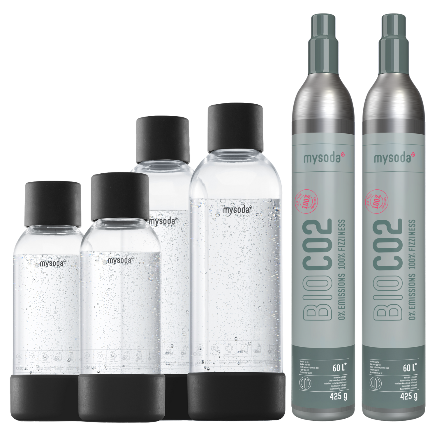 The Mysoda accessory pack: a bundle with 2 0,5 water bottles black, 2 1L water bottles black, and 2 bio-CO2 cylinders