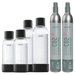 The Mysoda accessory pack: a bundle with 2 0,5 water bottles black, 2 1L water bottles black, and 2 bio-CO2 cylinders