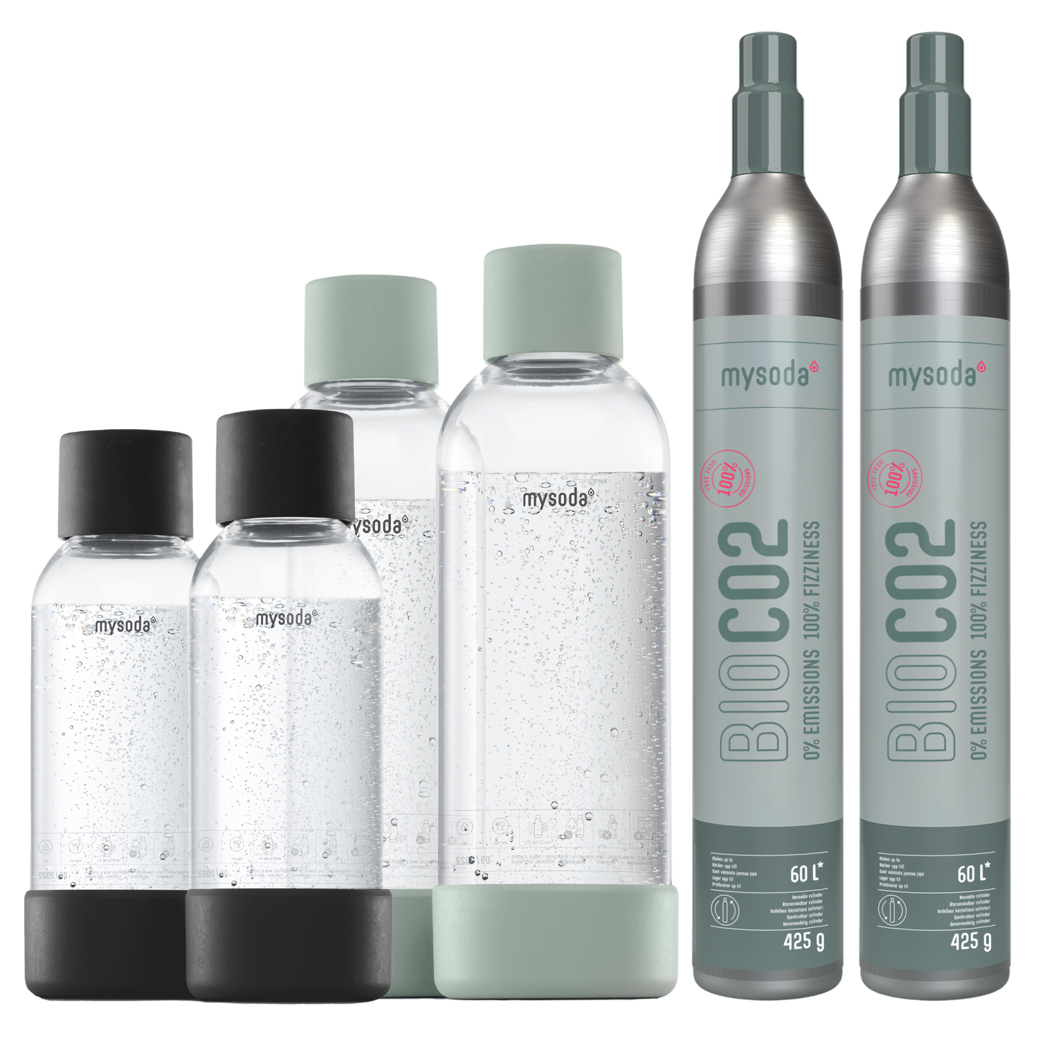 The Mysoda accessory pack: a bundle with 2 0,5 water bottles black, 2 1L water bottles pigeon, and 2 bio-CO2 cylinders