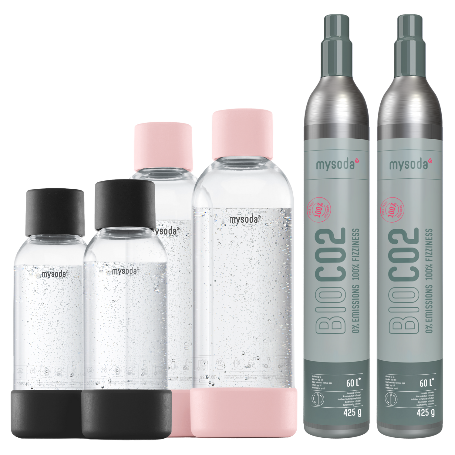 The Mysoda accessory pack: a bundle with 2 0,5 water bottles black, 2 1L water bottles pink, and 2 bio-CO2 cylinders
