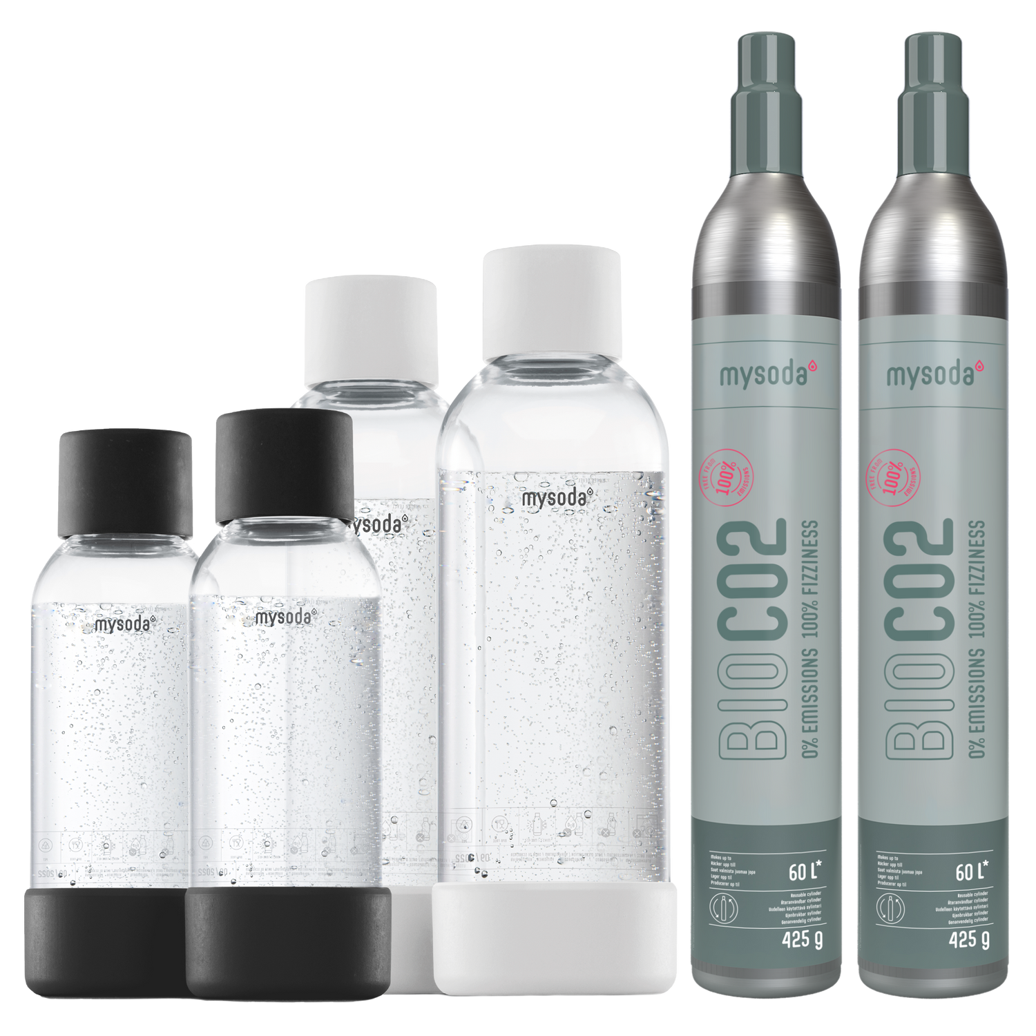 The Mysoda accessory pack: a bundle with 2 0,5 water bottles black, 2 1L water bottles white, and 2 bio-CO2 cylinders