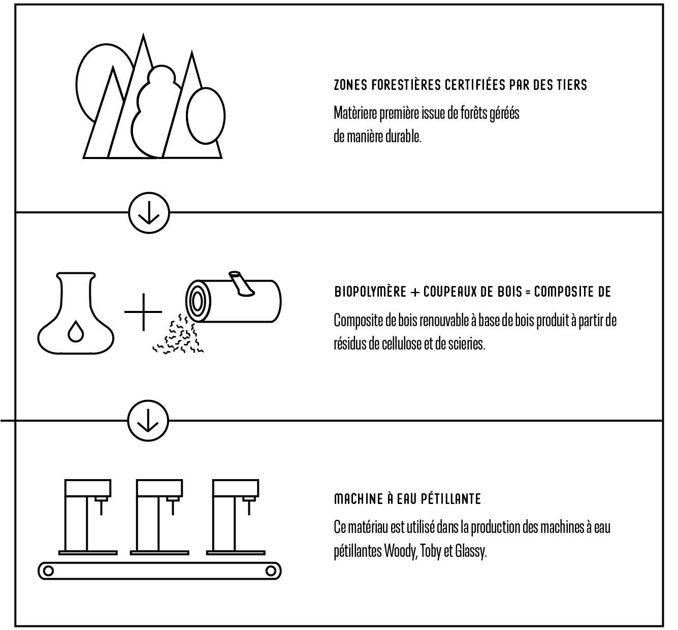 Process from Trees to a sparkling water maker made of wood composite