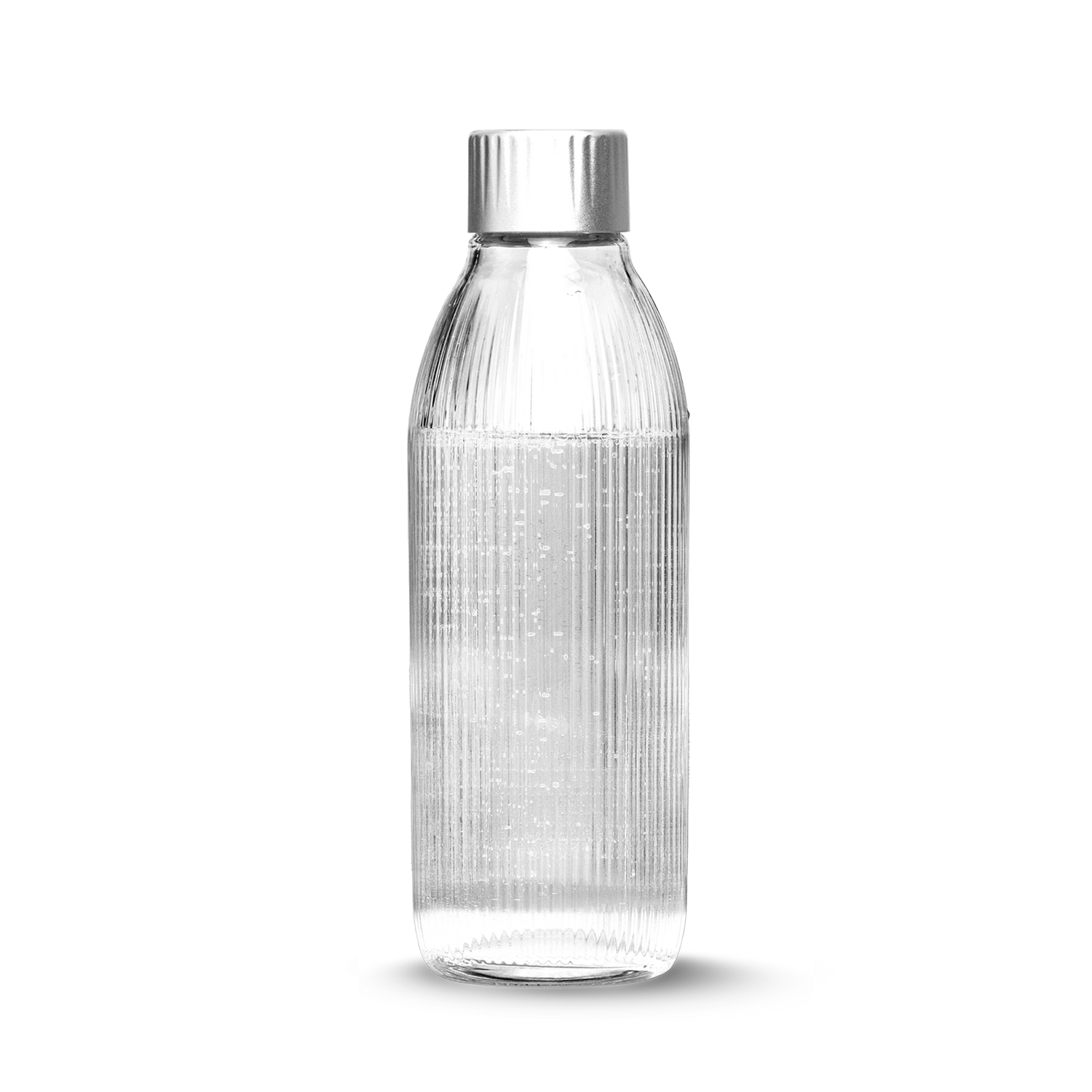 A Mysoda glass bottle with silver lid made of stainless steel