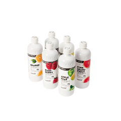 A mixed 6-pack of Mysoda drink mix bottles with differnt fruity flavours