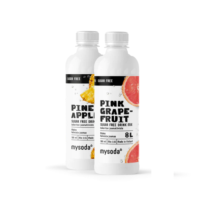 Two bottles of Mysoda drink mix, pineapple and pink grapefruit