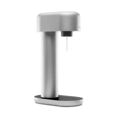 A silver Ruby sparkling water maker viewed from the side