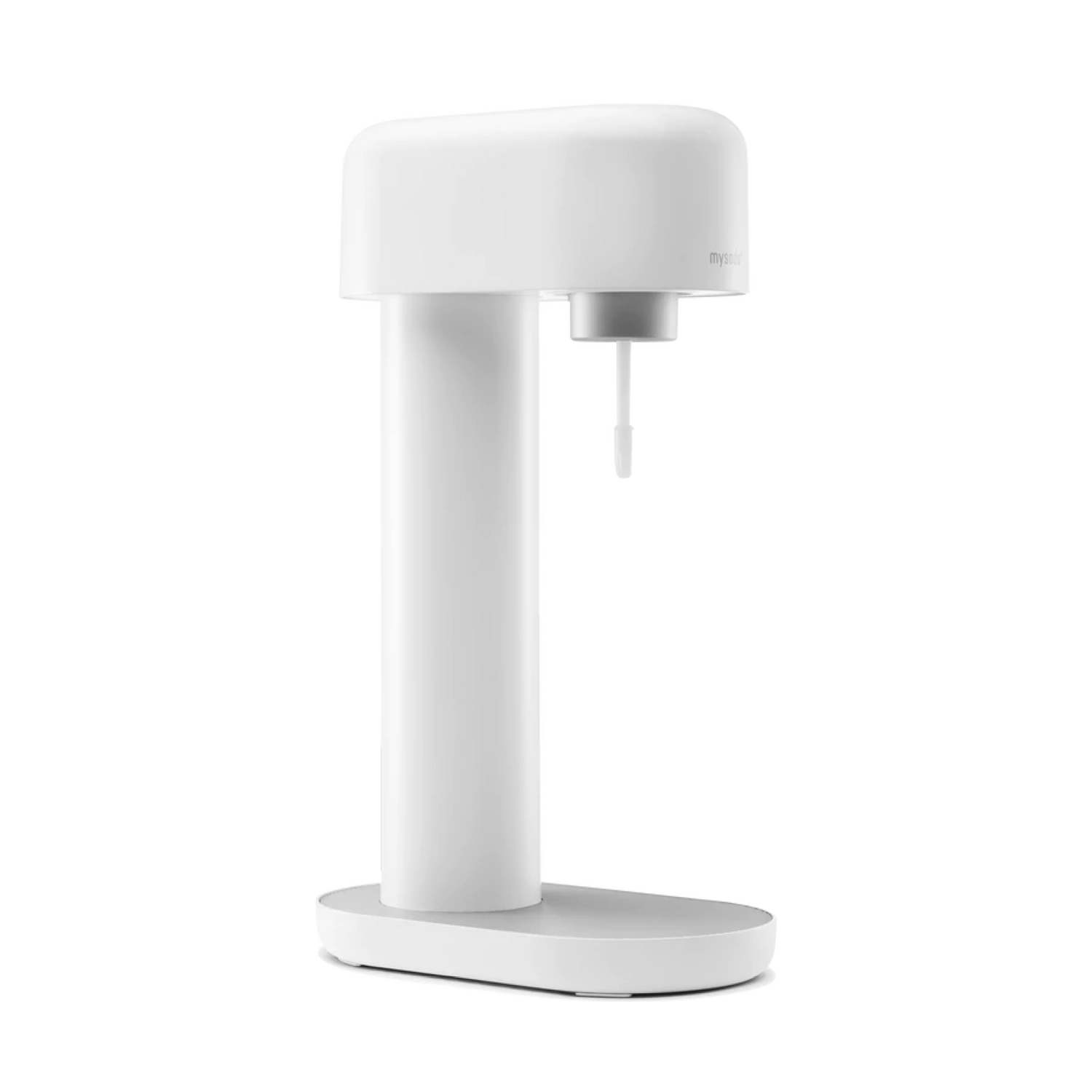 A white Ruby sparkling water maker viewed from the side